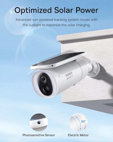 Baseus Solar Security Camera Outdoor, S1 Wireless Solocam, Forever Power with Auto Sunlight-Tracking System, 2K Clarity, 145° FOV, Built-in 8GB Local Storage and Color Night Vision, No Monthly Fee