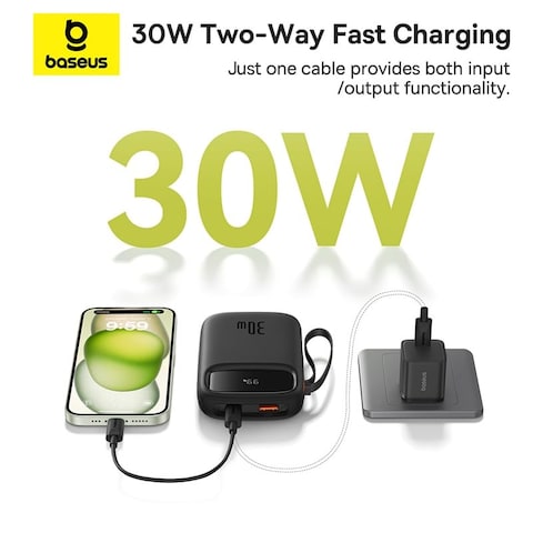 بايوس باور بانك 10000mAh شحن سريع 30W PD بكابل USB-C مزدوج مدمج شاشة LED بطارية محمولة لهواتف ايفون 15 سامسونج S24 S23 ايباد اندرويد 4 منافذ

