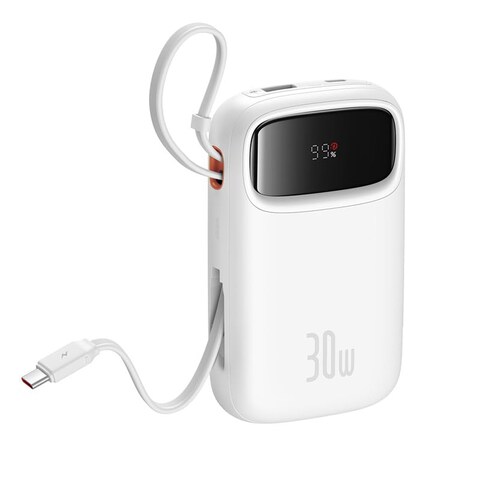 بايوس باور بانك 10000mAh شحن سريع 30W PD بكابل USB-C مزدوج مدمج شاشة LED بطارية محمولة لهواتف ايفون 15 سامسونج S24 S23 ايباد اندرويد 4 منافذ
