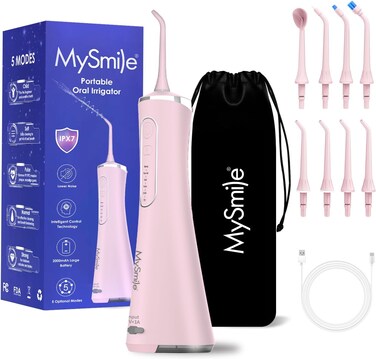 MySmile LP211 Cordless Advanced Water Flosser for Teeth 5 Cleaning Modes Rechargeable Power Dental Flosser 8 Replacement Jet Tips IPX 7 Waterproof Dental Irrigador with Travel Storage Pouch (Pink)
