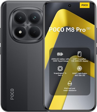 هاتف POCO M8 Pro ثنائي الشريحة، ذاكرة وصول عشوائي 12 جيجابايت، سعة تخزين 512 جيجابايت، يدعم شبكات الجيل الخامس، أسود