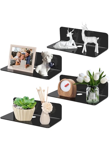 SHEPIN Set of 4 Wall Shelves No Drilling Black 23 cm Shelf No Drilling Acrylic Bathroom Shelf Floating Shelf with Cable Hole Wall Boards Shelf Floating Shelf for Gluing for Bathroom Office Living Room