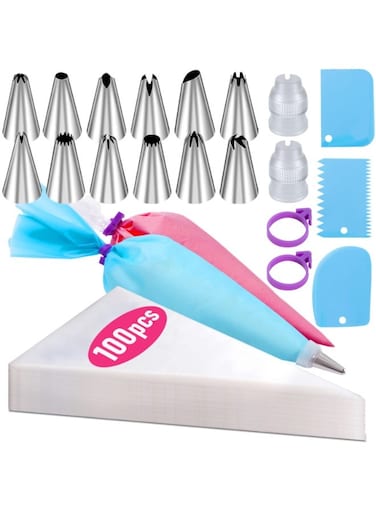 120 PCS Piping Bags and Tips Set, 100 Pcs Disposable Piping Bags, 12 Icing Tips, 2 Couplers, 3 Scrapers, 2 Bag Ties and 1 12 Inch Reusable Bag, For Cakes, Cupcakes &amp; Cookies, Easy To Clean