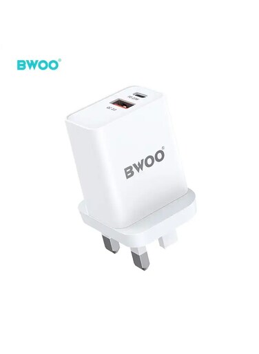 BWOO: شاحن جداري بقوة 20 واط من نوع PD Type-C للهواتف الخلوية بمقبس المملكة المتحدة - شحن سريع، ومنافذ USB متعددة.