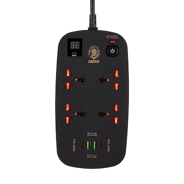 مقبس طاقة ذكي من جرين ليون، 4 AC، 2 USB، 2 USB-C PD 40W، قدرة 3500W (3m)، شحن سريع وآمن، حماية من الحرارة، مصنوع من النحاس والبلاستيك المقوى – أسود.
