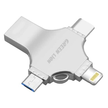 Green Lion 256GB 4-in-1 USB Flash Drive, High-Speed Data Transfer, USB-A, USB-C, Micro USB, Lightning Interfaces, Zinc Alloy Material, 40MB/s Read Speed, 80MB/s Write Speed - Silver
