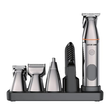 Green Lion 5 In 1 Multi-Function Hair Clipper Set, Multifunctional Replaceable Heads, Waterproof IPX6, 600mAh Battery, LED Display, Charging Base, 2-Hour Charging Time, 90-Min Discharge Time, Black
