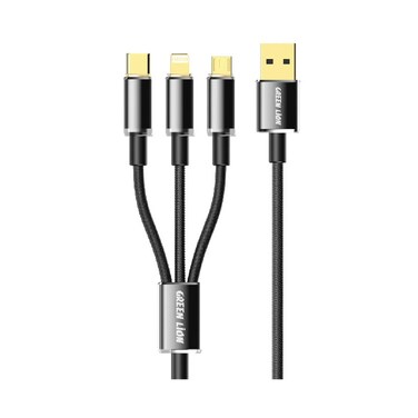 كابل Green Lion الشفاف 3 في 1 المضفر USB-C، Micro وLightning، طول 1 متر، سرعة نقل 480 ميجابايت/ثانية، قدرة شحن سريعة، توافق واسع - أسود
