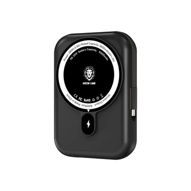 Green Lion 10000mAh Monaco MagSafe Power Bank with LCD Power Indicator, Lithium Polymer Battery, 15W MagSafe, Integrated Type-C Cable, Compact &amp; Lightweight &ndash; Black