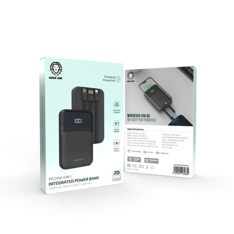 جرين ليون باور بنك متكامل 3 في 1 بقوة PD 20W، سعة 10000mAh، حماية أثناء الشحن، شحن سريع PD 20W، شاشة رقمية، كابلات مدمجة، تصميم مدمج وسهل الحمل.
