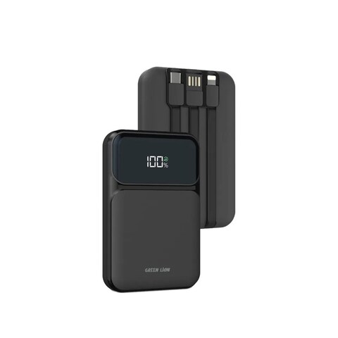 جرين ليون باور بنك متكامل 3 في 1 بقوة PD 20W، سعة 10000mAh، حماية أثناء الشحن، شحن سريع PD 20W، شاشة رقمية، كابلات مدمجة، تصميم مدمج وسهل الحمل.
