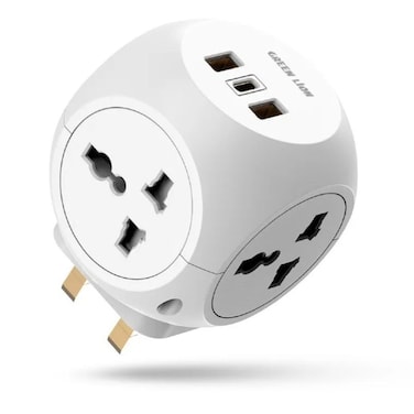 Green Lion Multi Port Travel Adapter, 4 AC Plugs, 2 USB-A &amp; 1 Type-C Port, 3250W Power, Short Circuit Protection, Compact Design, White