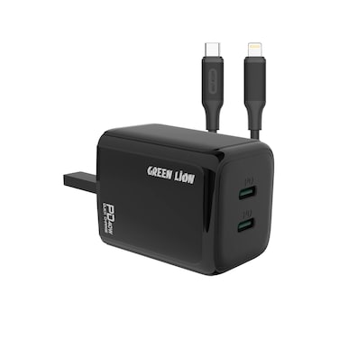 Green Lion 40W Dual PD Wall Charger with USB-C to Lightning Cable 1m, UK Plug, Fast Charging, Dual USB-C Output, Charging Protection, PVC Cable for Reliable Performance
