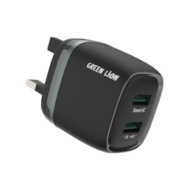 شاحن حائط جرين ليون 12 واط بمنفذي USB، شحن سريع وموثوق، يشمل كابل USB-A إلى USB-C بطول 1 متر، تصميم مدمج ومتين، قابس UK، متوافق مع جميع الأجهزة – أسود

