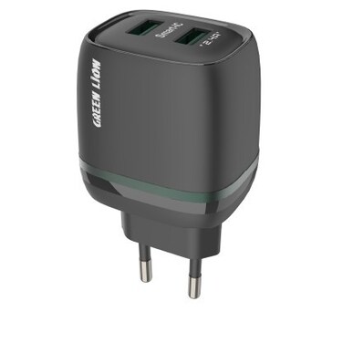 شاحن الحائط Green Lion 12W مع منفذي USB-A، إخراج 12W، شحن سريع 2.4A، كابل USB-A إلى USB-C 1 متر، قابس EU، تصميم مدمج وأنيق، أسود
