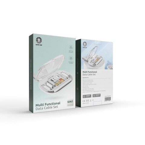 مجموعة كابلات البيانات متعددة الوظائف جرين لايون مع فتحة بطاقة SIM ودبوس إخراج SIM، كابل Type-C إلى Type-C، دعم USB-A/Lightning/Micro USB، شحن سريع 65 واط، تصميم مدمج وقابل للحمل - أبيض
