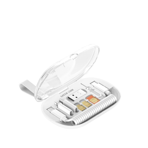 مجموعة كابلات البيانات متعددة الوظائف جرين لايون مع فتحة بطاقة SIM ودبوس إخراج SIM، كابل Type-C إلى Type-C، دعم USB-A/Lightning/Micro USB، شحن سريع 65 واط، تصميم مدمج وقابل للحمل - أبيض
