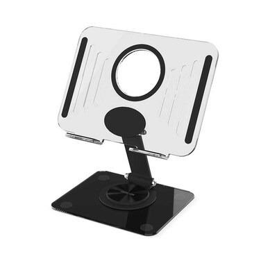 Green Lion Transparent Tablet Stand with 360&deg; Rotating Base, 180&deg; Foldable, Anti-Slip Silicone Pads, Adjustable Viewing Angles, Lightweight &amp; Portable - Black
