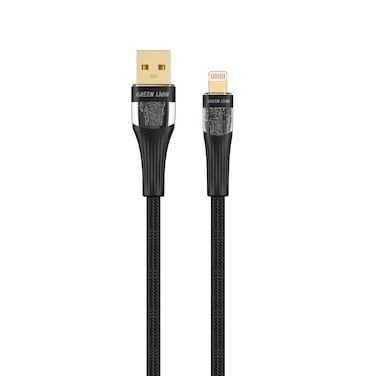 جرين ليون كابل شفاف USB-A إلى رأس Lightning، شحن ومزامنة، آمن وموثوق، سرعة نقل 480 ميجابت في الثانية، توافق واسع، شحن 12 واط، 10,000 انحناءة، كابل 1 متر، غلاف ألمنيوم مع ضوء LED - أسود
