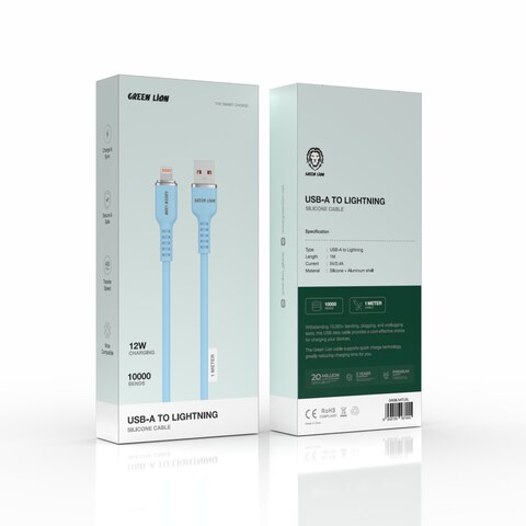 كابل جرين لايون USB-A إلى Lightning سيليكون 1 متر 12 واط، شحن ومزامنة، شحن آمن وموثوق، سرعة نقل 480 ميجابت في الثانية، يتحمل 10000 انحناء، غلاف ألومنيوم متين (أزرق)
