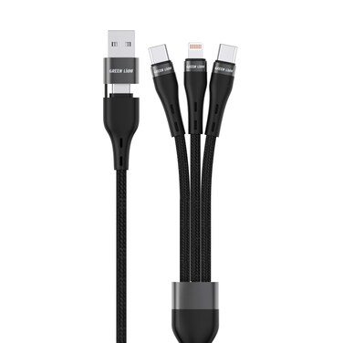 كابل جرين لايون 3 في 2 المضفر للشحن السريع، USB-A إلى Lightning وUSB-A إلى USB-C وUSB-C إلى USB-C وUSB-C إلى Lightning، شحن ومزامنة، سرعة نقل 480 ميجابت في الثانية، قدرة 60 واط - أسود
