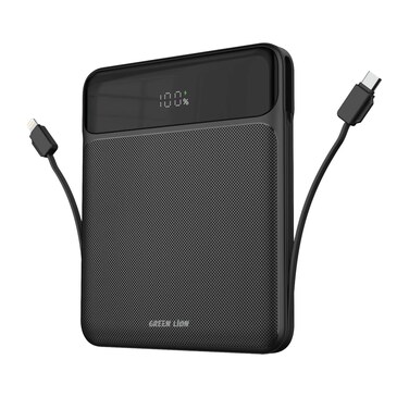 باور بانك جرين ليون فائق النحافة 120W 20000mAh مع كابلات مدمجة من نوع Lightning و Type-C، دعم شحن الكمبيوتر المحمول، شاشة رقمية LED، مدمج وقابل للحمل – أسود
