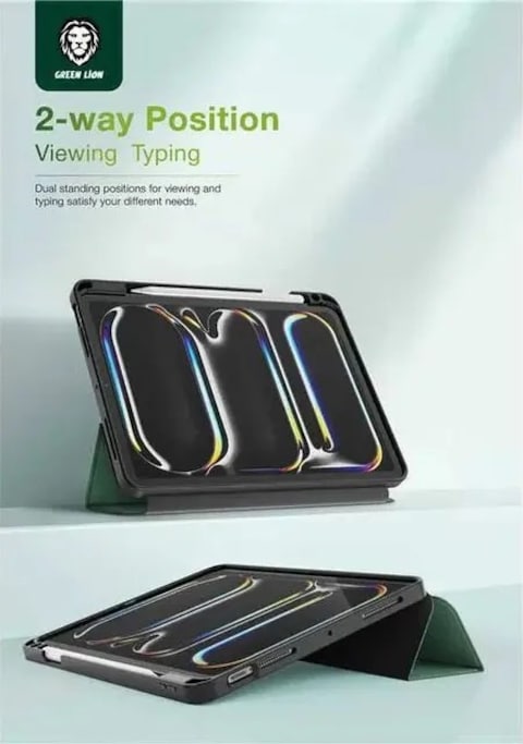 غرين ليون هوغو كيس بريميوم مع حامل قلم يتوافق مع iPad Pro Air 11"، حامل ثلاثي ثابت، تصميم نحيف وخفيف الوزن، وضعية نوم/استيقاظ تلقائية، حامل قلم مدمج، وضعيتان للعرض (أخضر)
