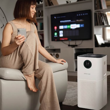 Intelligent Air Purifier with Smart LED Display, WiFi Control, Energy Saving, Timer Setting, Activated Carbon Filter, HEPA Filter and UV Sterilize Disinfection, Green Lion GNINTAIRPWH - White