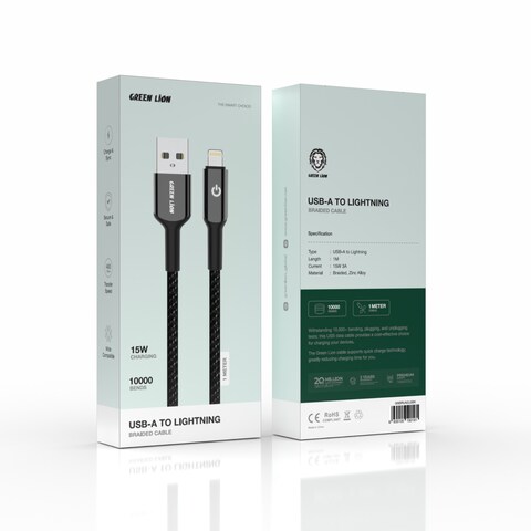 كابل جرين لايون USB-A إلى Lightning المضفر، شحن ومزامنة، آمن وموثوق، سرعة نقل 480 ميجابت في الثانية، متوافق على نطاق واسع، شحن 15 واط، يتحمل 10000 انحناء، مادة سبائك الزنك المتينة - أسود

