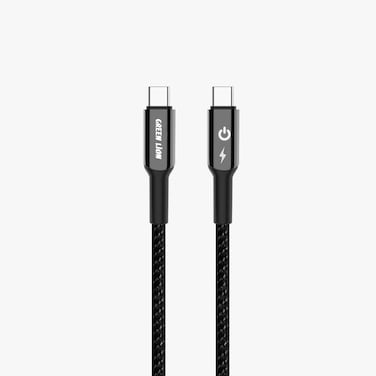 Green Lion USB-C to USB-C Braided 1m Zinc Alloy Cable 60W, LED Indicator, 480Mbps Transfer Speed, Fast Charge, +10000 Bends Lifespan - Black