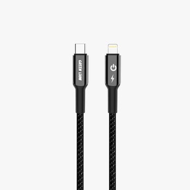 كابل جرين لايون USB-C إلى Lightning المضفر، شحن ومزامنة، آمن وموثوق، سرعة نقل 480 ميجابت في الثانية، متوافق مع الأجهزة المتعددة، شحن 27 واط، يتحمل 10000 انحناء، مادة سبائك الزنك المتينة - أسود
