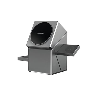 شاحن جرين ليون باور تريو اللاسلكي 3 في 1 بقوة 15 واط، متوافق مع MagSafe، دوران تلقائي، شحن متعدد الأجهزة، تصميم مدمج ومحمول، يدعم iPhone وAirPods والساعة الذكية – رمادي