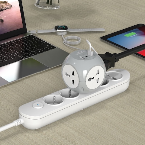 Green Lion Multiport Travel Adapter EU, 4 AC Sockets, 2 USB-A Ports, 1 USB-C Port, Total Output 10.5W, 3500W Power, 16A Rated Current, Compact &amp; Durable Design, White

