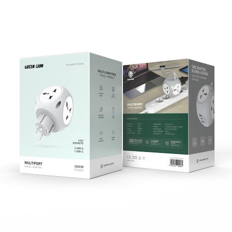 Green Lion Multiport Travel Adapter EU, 4 AC Sockets, 2 USB-A Ports, 1 USB-C Port, Total Output 10.5W, 3500W Power, 16A Rated Current, Compact &amp; Durable Design, White
