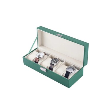 Green Lion Elegant Watch Box with 6 Slots, Lightweight &amp; Portable, Elegant Appearance, Metal Push Button, 6 Pillow-lined Spaces, Perfect for Storing Watches - Green