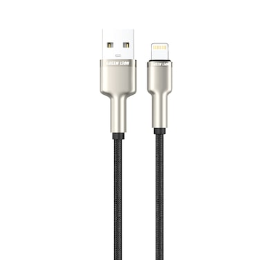 Green Lion USB-A to Lightning Braided Zinc Alloy 1m Cable, 480Mbps Transfer Speed, Fast Charge, +10000 Bends Lifespan, Durable &amp; Tangle-Free, Compatible with iPhone &amp; iPad - Black
