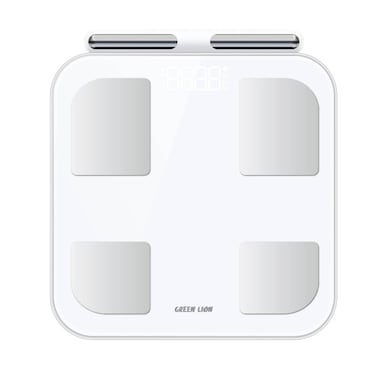 ميزان الجسم الذكي جرين لاين، 8 أقطاب لقياس دقيق، مزامنة بيانات عبر Bluetooth V5.0، بطارية 400mAh، 120 يوم من التشغيل، سعة 180 كجم، تصميم أبيض