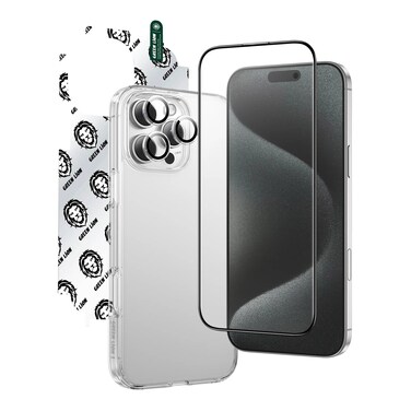 حزمة الحماية 4 في 1 من Green Lion لهاتف iPhone 16 Pro، مضاد للبصمات والخدوش، زجاج 3D HD، مقاوم للاصفرار، كفر مضاد للصدمات، حماية من الكسر، واقي عدسات – شفاف
