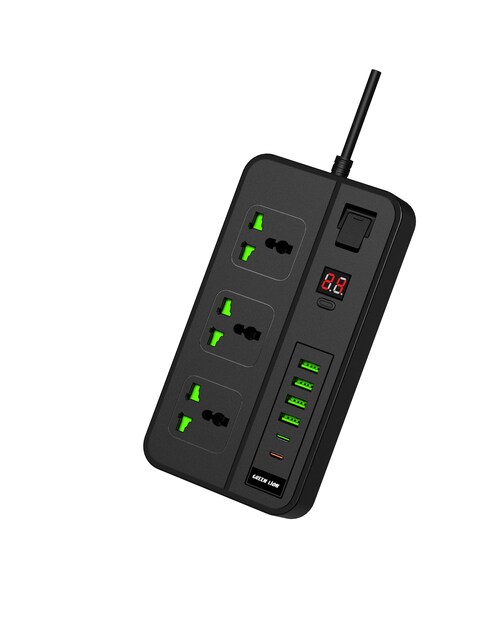 مقبس الطاقة جرين لايون GS-150، قدرة 3000 واط، منافذ USB-A وUSB-C (خرج 5V 3.4A)، مفتاح توقيت 24 ساعة، باب أمان للأطفال، حماية من زيادة الجهد، شاشة LED - أسود
