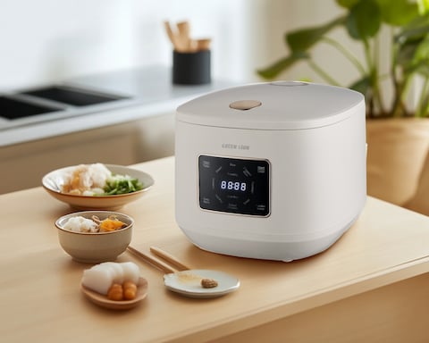 طباخ الأرز الرقمي جرين لايون GRC-20 سعة 5 لتر تسخين 900 وات 8 أوضاع طهي درجة حرارة من 55 إلى 100°C تحكم باللمس وضع الحفاظ على الحرارة سلك طاقة بغطاء المملكة المتحدة 1 متر سهل التنظيف أبيض
