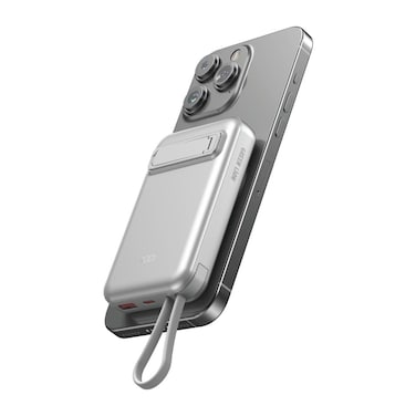 Green Lion DXB MagSafe 10000mAh Power Bank with Digital Display, Built-in Cables, 15W Wireless Fast Charging, Short Circuit Protection, USB-A and Type-C Outputs - Silver