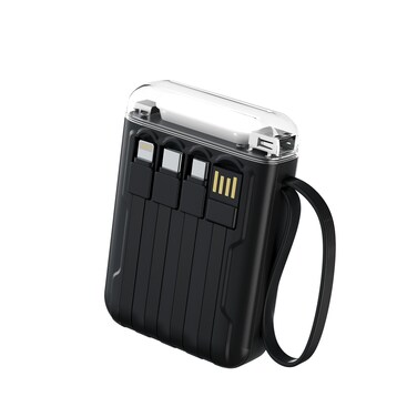 Green Lion Luma Pro 10000mAh Power Bank, Battery Indicator, LED Flashlight, Built-in USB-Micro &amp; Lightning Cables, Type-C Input, Silicone Strap for Easy Carry - Black
