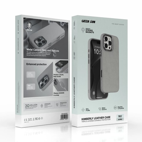 كفر جرين ليون كيمبرلي الجلدي لـ iPhone 16 Pro، متوافق مع MagSafe، حماية للكاميرا، مقاوم للخدوش، تشطيب جلدي، تصميم رفيع، أزرار معدنية (رمادي)
