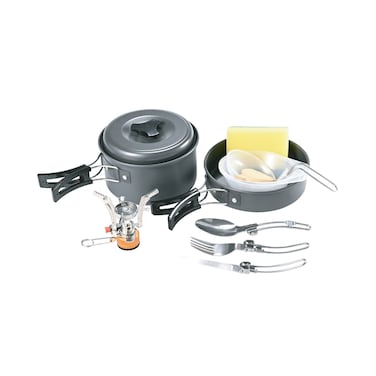Green Lion 10-in-1 Camping Cookware Set, Anodized Aluminum &amp; Stainless Steel, 600mL Frying Pan, 1.2L Pot, Foldable Spoon, Fork, Knife, Camping Stove, Wooden Shovel, Small Bowl, Black
