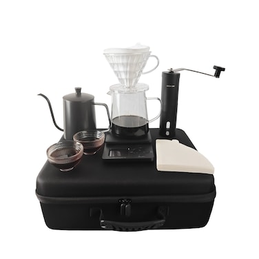 Green Lion G-50 Plus Coffee Maker Set, 600mL Pour-Over Kettle, 100 Paper Filters, Coffee Grinder, Digital Scale, Acrylic Dripper, Glass Cups (x2), Glass Server, Black
