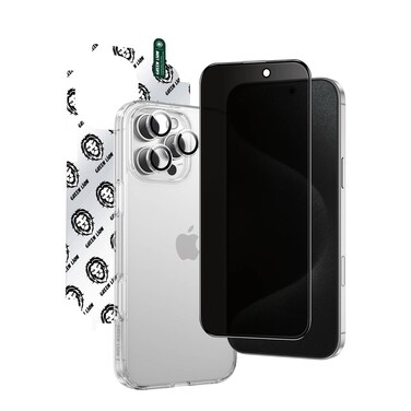 حزمة مدافع 4 في 1 من جرين لاين متوافقة مع آيفون 16 برو، زجاج 3D مقاوم للصدمات وخصوصية، فيلم خلفي نانو HD، حقيبة مقاومة للصدمات للغاية، عدسة كاميرا HD، درع عسكري - شفاف
