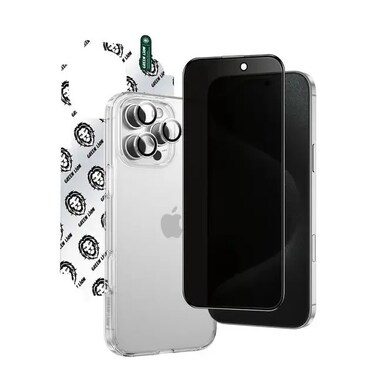 Green Lion 4 in 1 Defender Pack for iPhone 16 Pro Max, Anti-Shock &amp; Privacy 3D Glass, HD Nano Back Film, Ultra Impact-Resistant Case, HD Camera Lens, Military-Grade Shield - Clear