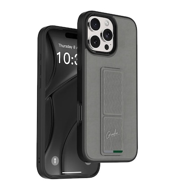 حافظة جرين لايون متعددة الوظائف مع قاعدة كيك ستاند متوافقة مع آيفون 16 برو، حماية ضد الخدوش، حماية الكاميرا، حماية من الصدمات، دفاع ثلاثي، تشطيب جلدي - رمادي