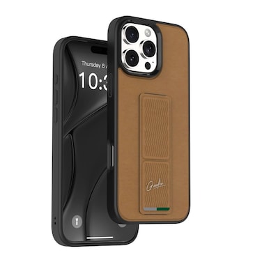 حافظة جرين لايون متعددة الوظائف مع قاعدة كيك ستاند متوافقة مع آيفون 16 برو، حماية ضد الخدوش، حماية الكاميرا، حماية من الصدمات، دفاع ثلاثي، تشطيب جلدي - بني