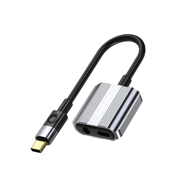 Green Lion 2-in-1 Splitter Adapter, Type-C to 3.5mm Audio &amp; Charging, Plug &amp; Play, 120mm Cable, 12W Fast Charging, Durable Aluminum Alloy, High-Quality TPE Wire - Gray